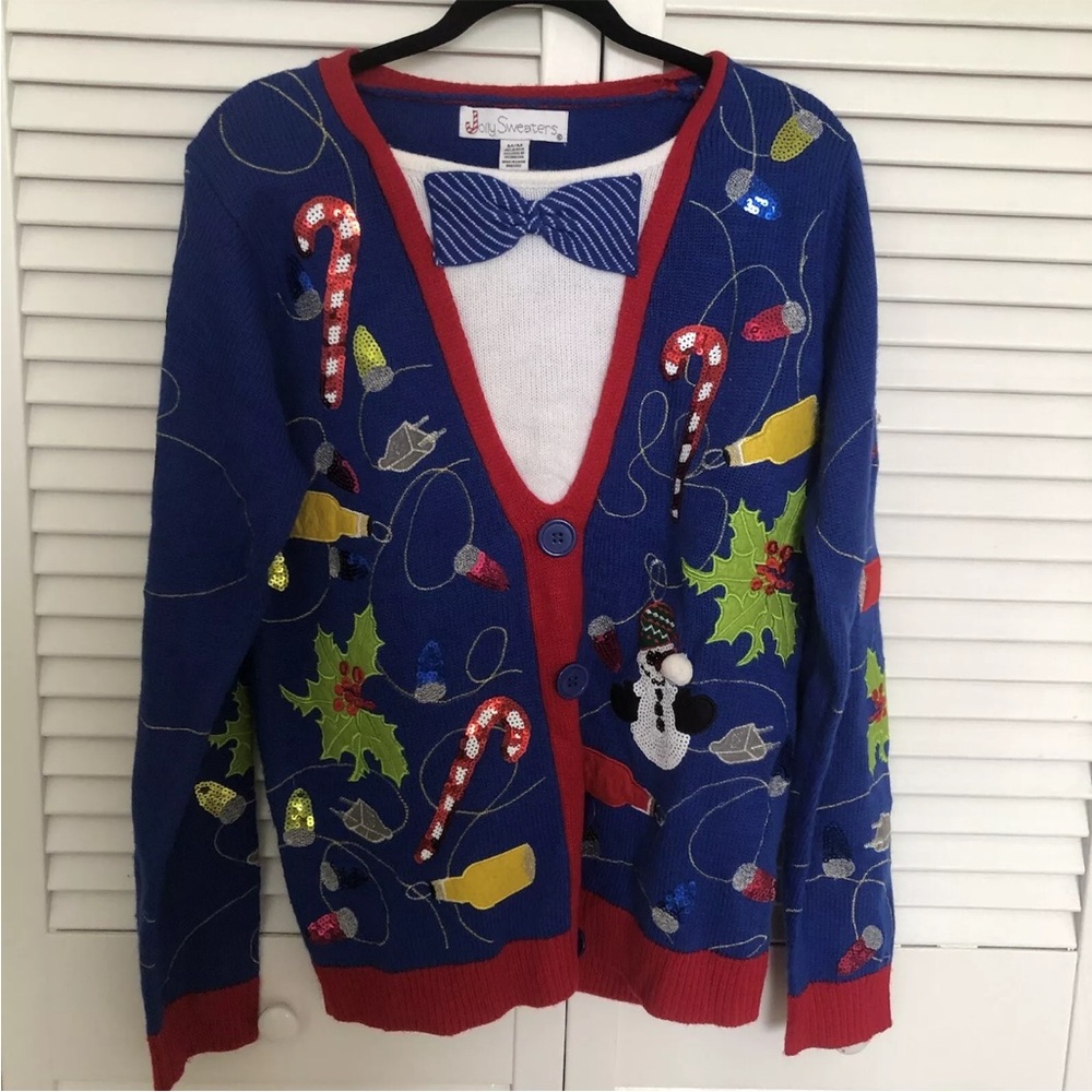 Jolly Sweaters Light Candy Cane Sequin Ugly Xmas Sweater M Blue Red Green Gold